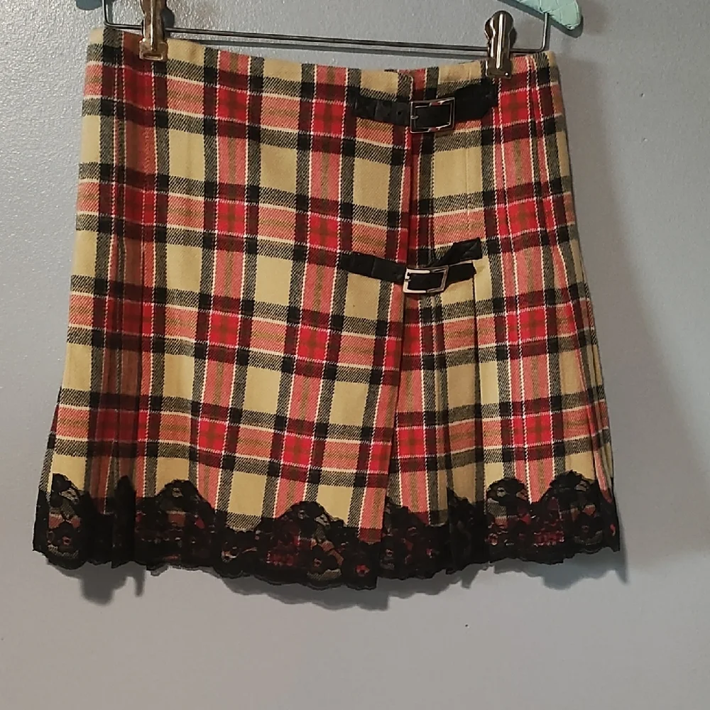 Moda International Red , Tan ,Black And White Pleated Plaid Mini Skirt